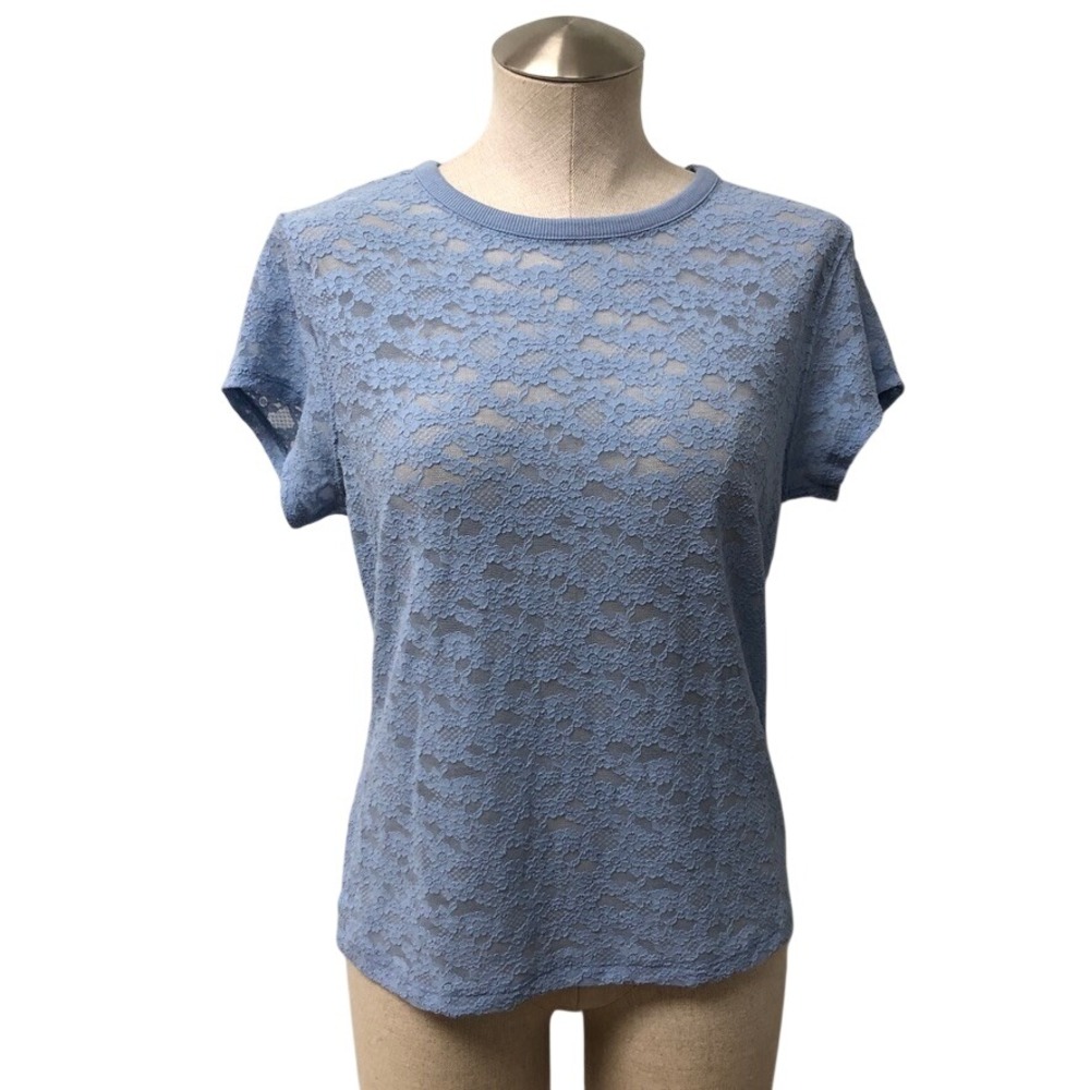 Aerie Lace Top Womens Medium Blue Floral Sheer Short Sleeve Crew Neck